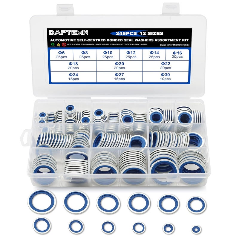 Daptemn 245PCS Metric Bonded Seal Dowty Washer, NBR Zinc-Plated Automotive Self-Centred Seal Rubber Washers, Gasket Seal Crush O-Ring Assortment Kit Set, Includes Sizes of M6-M30 - Image 1